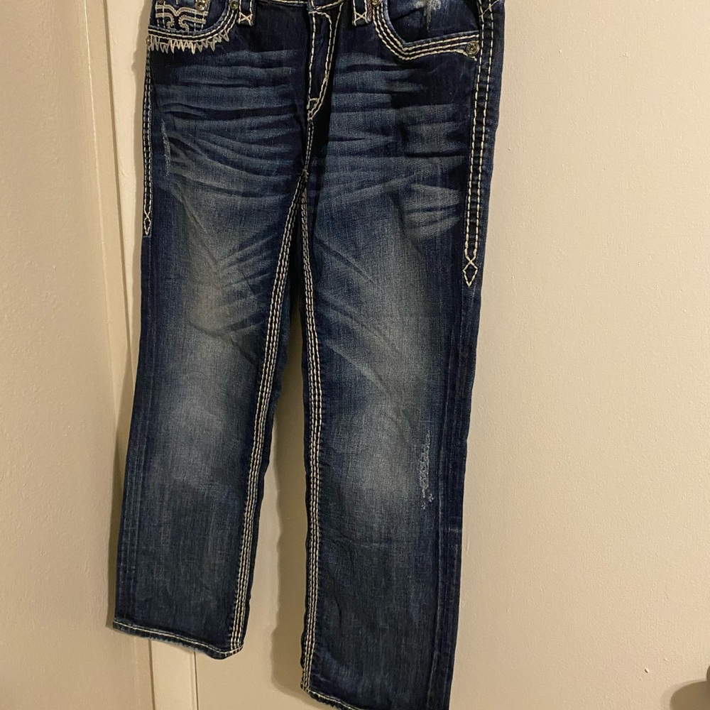 Rock Revival Blue Capris with White Stitching